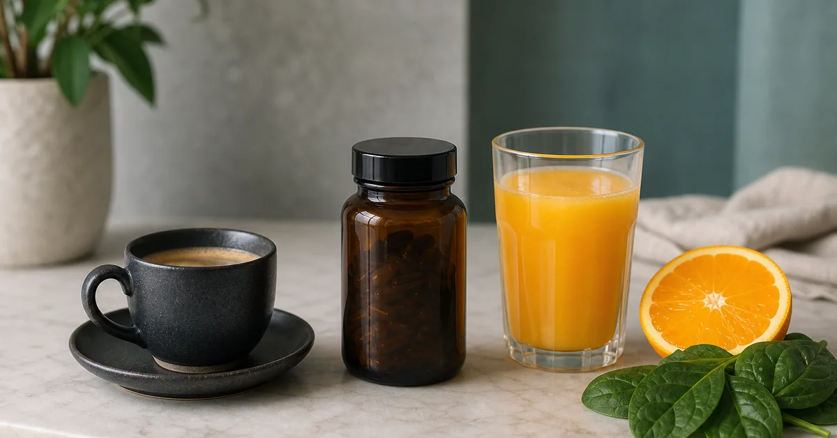 Eisentablette neben einem Glas Orangensaft und einer danebenstehenden Tasse Kaffee auf einem Frühstückstisch