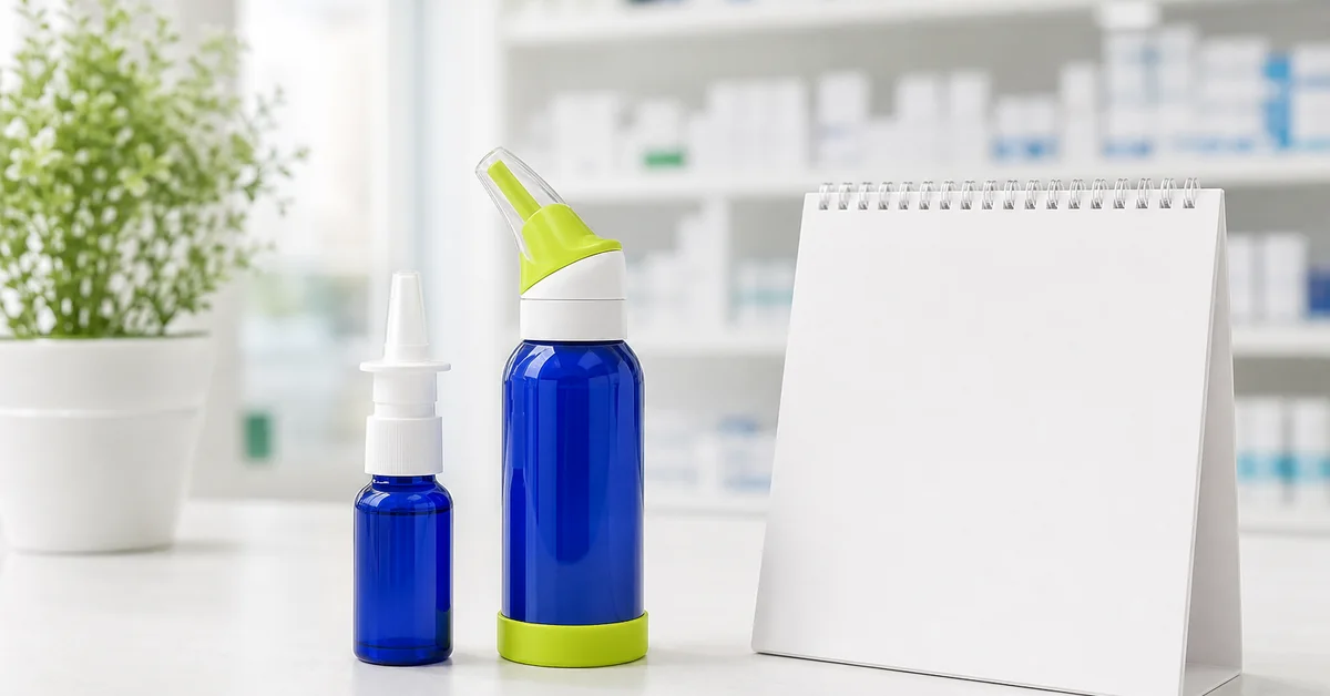 Abschwellendes Nasenspray-Fläschchen neben einer Meerwasser-Sprühflasche und einem Kalenderblatt auf einem hellen Apothekentisch